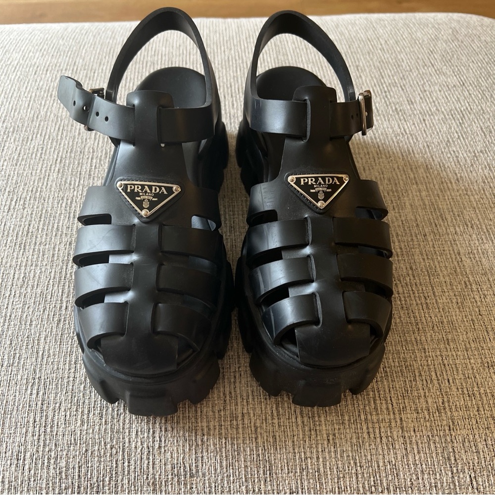 Prada Monolith Platform Fisherman Sandals Black Rubber Size 38